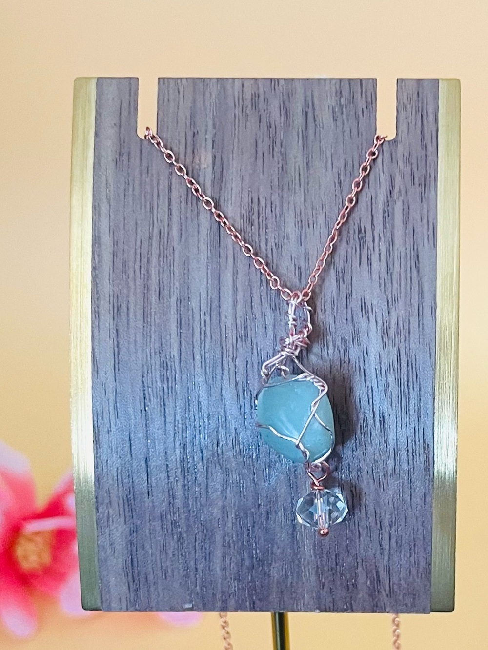 Rose gold plated wire wrapped natural green stone pendant